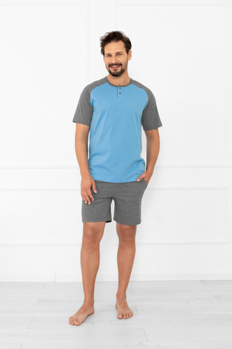 Herren Schlafanzug Alexander Italian Fashion - kurze Ärmel und kurze Hose, 100% Baumwolle - blau/grau