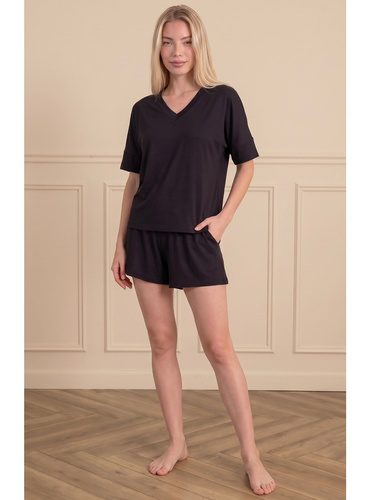 Luna 1313 Damen-Schlafanzug schwarz 100% Baumwolle T-Shirt und kurze Hose