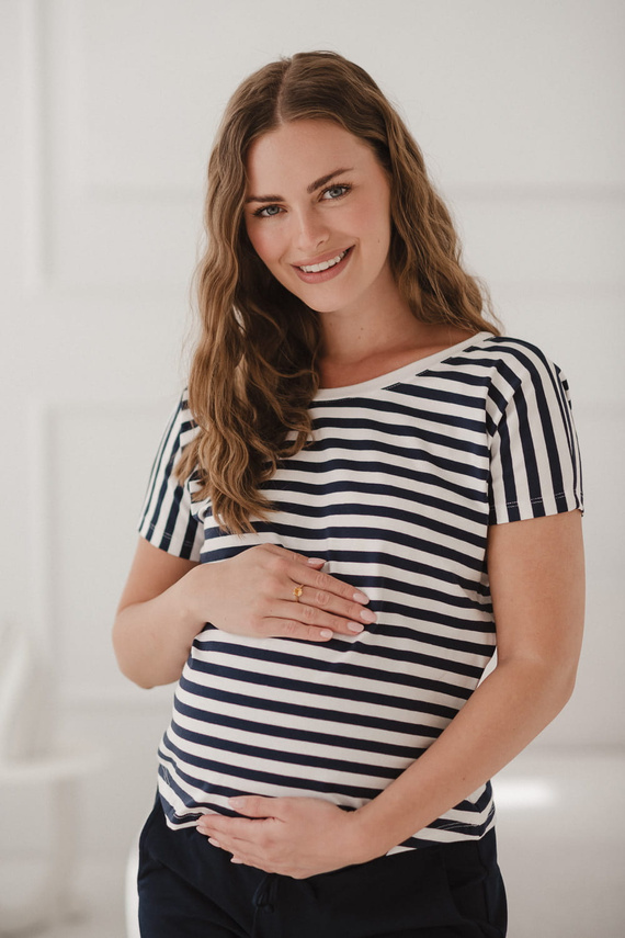 Two Ways Reversible Umstands- und Stillbluse | Kurzarm, bequemes Milk&Love marineblau-weiß gestreift