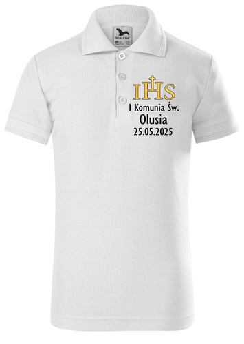„Erste Heilige Kommunion mit Namen und Datum“ Moocha Kurzarm-Poloshirt, weiß
