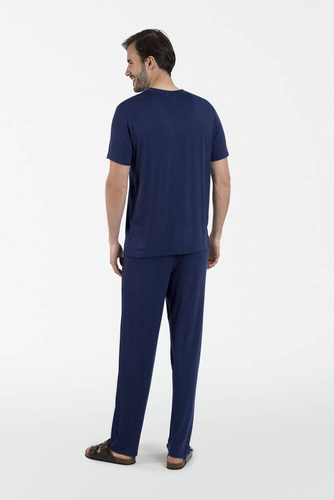 Akord Herren Schlafanzug mit kurzen Ärmeln, lange Hose Italienische Mode - navy blau
