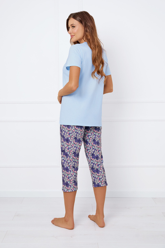 Carbonia Damen Schlafanzug mit kurzen Ärmeln, 3/4 Hose Italian Fashion - blau/print 