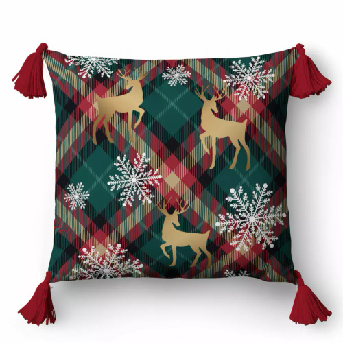 5381 Ein dekorativer Weihnachtskissenbezug Weihnachtsdeko Detexpol – Rentiere und Schneeflocken auf kariertem Hintergrund – Reißverschluss