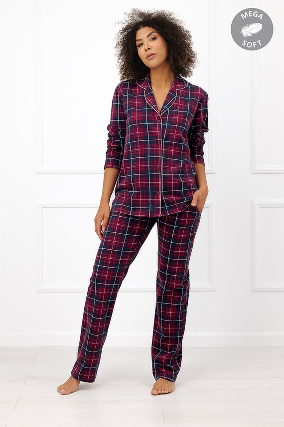 Italian Fashion Alana Damen Baumwoll-Pyjama lang, zum Knöpfen, kariert