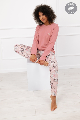 Italian Fashion Kafelia Damen-Pyjama Mega Soft lang mit Blumenmuster und Schleife