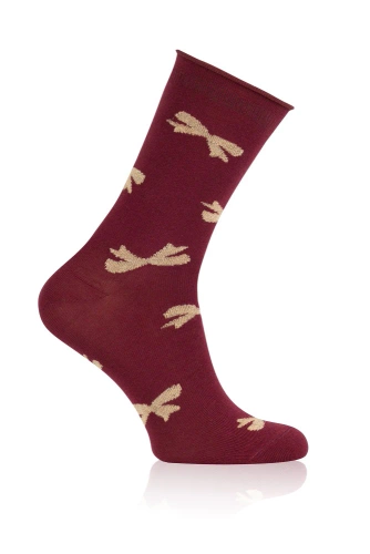 S183D Figaro Women's lange druckfreie Socken Italian Fashion - Schleifen burgunderrot 