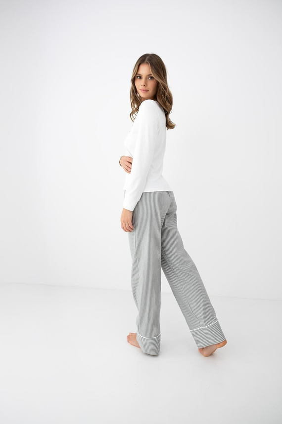 Sensis Salma Damen-Pyjama ecru-grau mit langem Arm und gestreiften Hosen