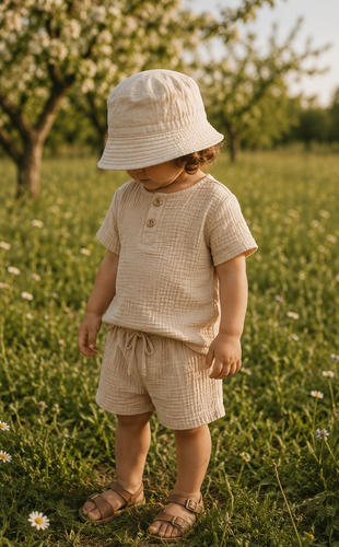 BL55115 Mamatti beige Musselin Polo-Bluse mit kurzen Ärmeln und Knöpfen