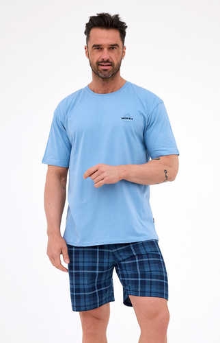326/316 North 3 Cornette Herrenpyjama blau – Baumwolle, kurze Ärmel, bequem und stilvoll