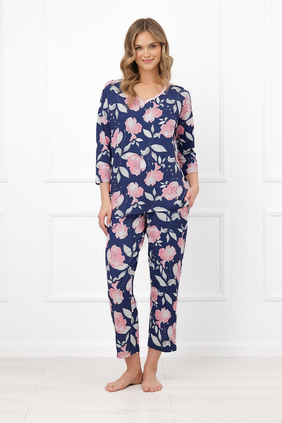 Damen-Pyjama Italian Fashion Entina aus Baumwolle mit Blumenmuster, 3/4-Arm, 7/8-Hose