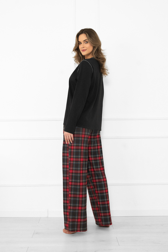 Italian Fashion Damen Schlafanzug dunkel melange-baumwolle, langarm und Hose, kariert 