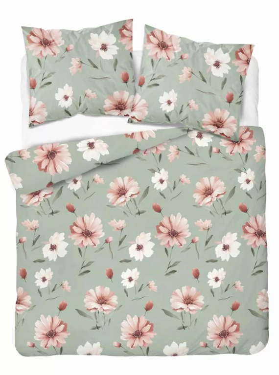 5502 B Mintfarbene Baumwollbettwäsche mit cremefarbenen und rosa Blumen Naturalis – Detexpol