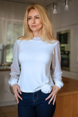 Mirale Freya Damenbluse aus Viskose mit Tüllärmeln und Stehkragen, elegant – ecru