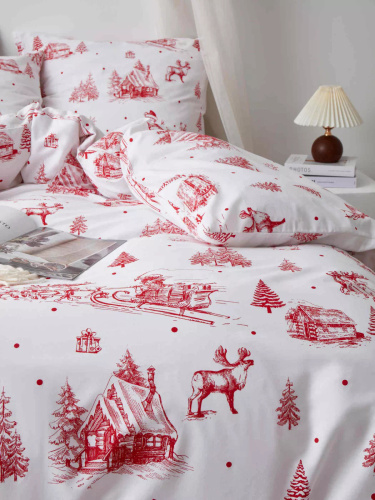 Weihnachtsbettwäsche aus Laponia-Baumwollsatin von Needle and Thread, weiß, rot – elegant und weich