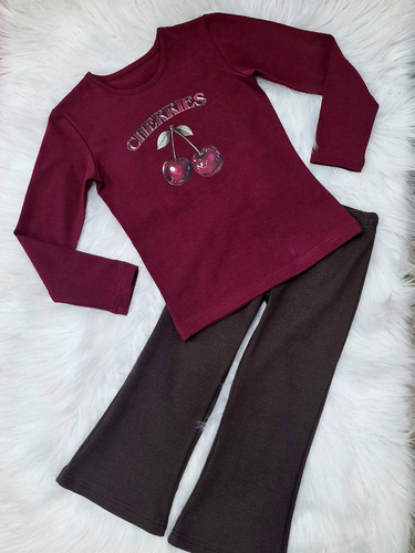 Burgunderrote Mädchenbluse Cherries Bambarillo – Baumwolle, lange Ärmel, mit Aufdruck