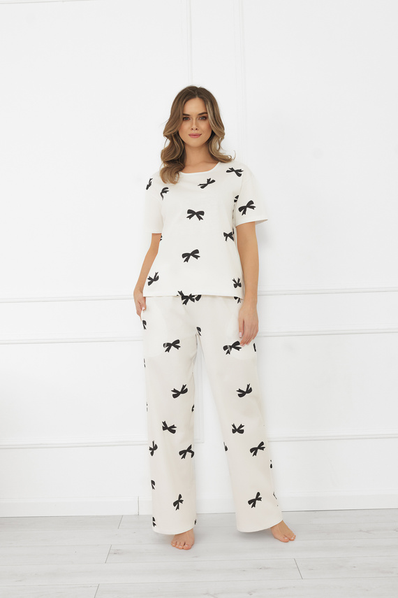 Damenpyjama Figaro - ecru, Baumwolle, kurze Ärmel + lange Hose Italian Fashion