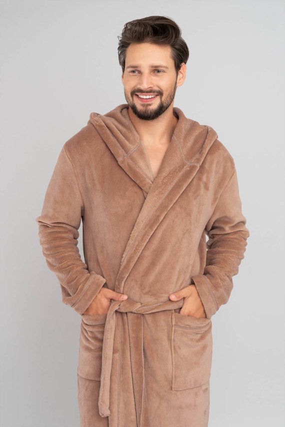 Mimas Herren Bademantel mit Kapuze Italian Fashion- camel 