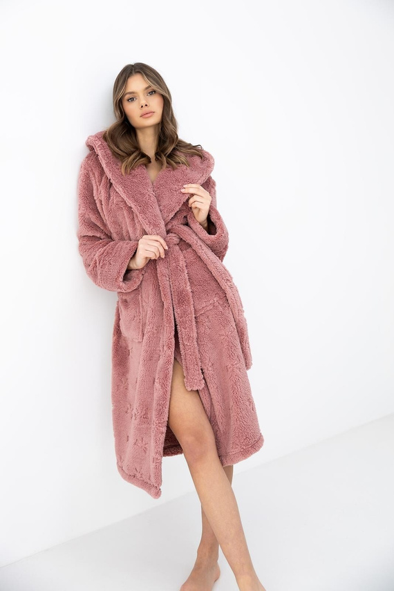 Sensis Dolly Damen Bademantel in Pudrigem Rosa, weich, mit Kapuze und Schleifen