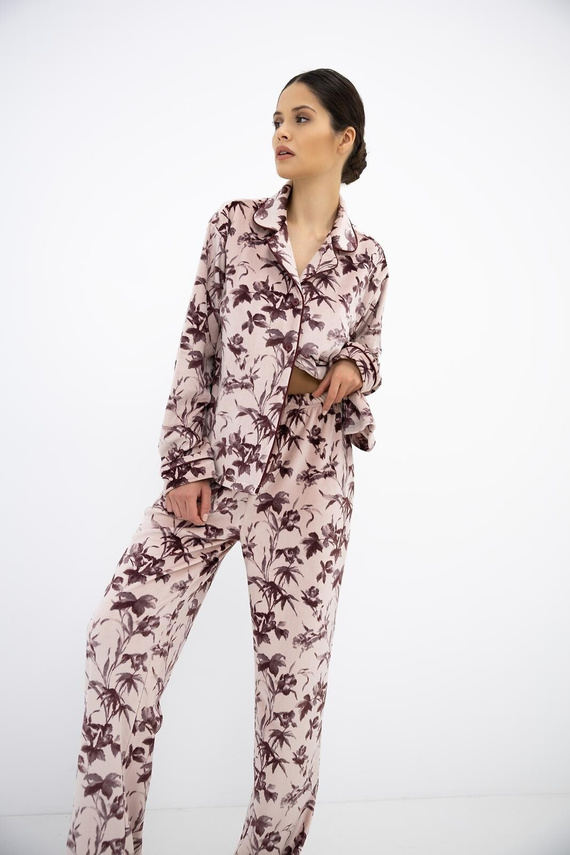 Sensis Thalia Damen Velours-Pyjama mit Knöpfen, lang, rosa