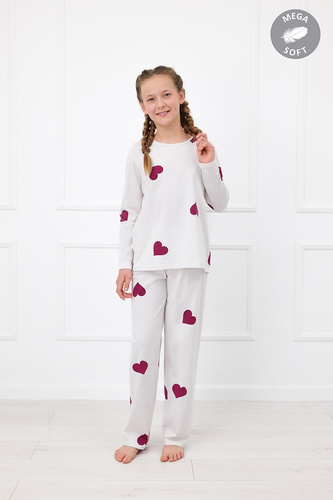 Italian Fashion Kioga Mädchen-Pyjama Mega Soft lang ecru mit Herzen