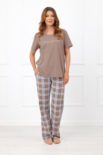 Damen-Pyjama Italian Fashion Delma 100% Baumwolle Kariert Lange Hose - Cappuccino