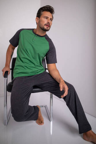 Alexander Herren Kurzarm-Pyjama, lange Hose Italienische Mode - grün/c.melanż