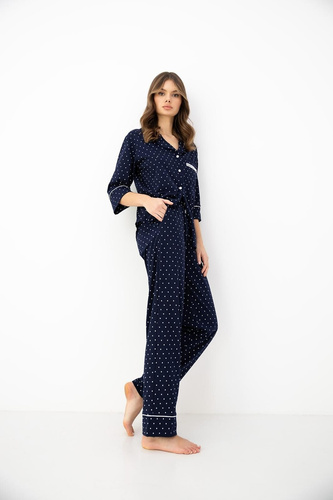 Damen-Pyjama Sensis Dunkelblau 100% Baumwolle Kragen Knöpfe 3/4-Arm