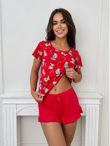 Bear Short Donna Damenpyjama – Baumwolle, festlich, mit Rüschen
