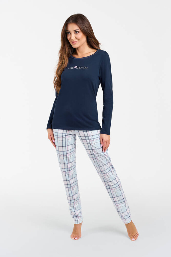 Glamour Damen Schlafanzug langarm und lange Hose Italian Fashion - marineblau/print