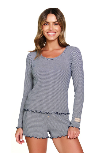 7176 Doctor Nap – Baumwollpyjama mit langen Ärmeln und Shorts für Damen | Polnische Produktion - Brombeere