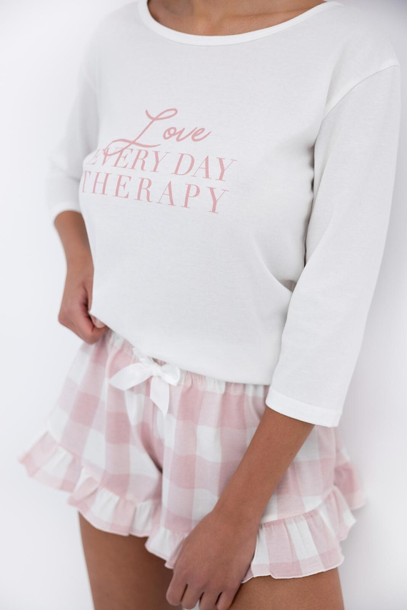 Emily Sensis – Baumwollpyjama für Damen | 3/4-T-Shirt und karierte Shorts mit Rüschen