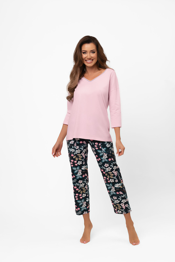 Damen Baumwollpyjama Marisal - 3/4 Bluse, 7/8 Hose Italian Fashion  