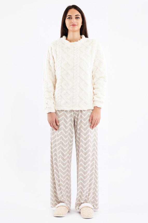 Sofie Damen-Pyjama Sorbetto-Creme – warmer Sherpa, Palazzo, elegant und weich