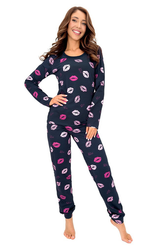 Donna Kiss Long Damen-Pyjama, marineblau, 100% Baumwolle, lange Hose