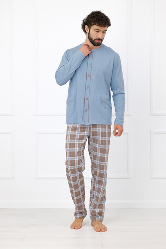 Italian Fashion Wilhelm Herren-Pyjama 100% Baumwolle Knöpfe Kariert - Cappuccino