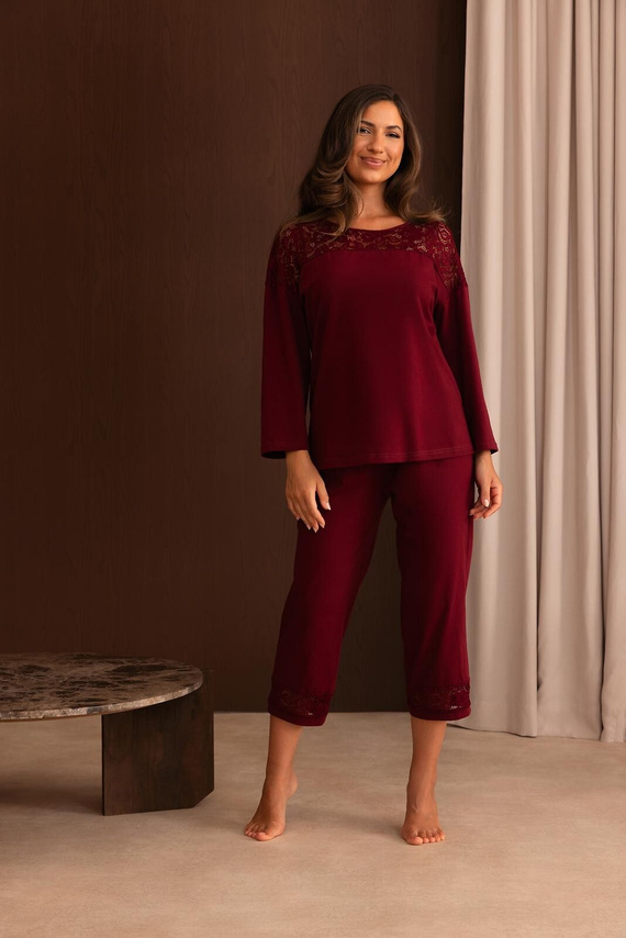 Damen-Pyjama Regina 4014 100% Baumwolle Spitze Langarm 3/4 - bordeaux