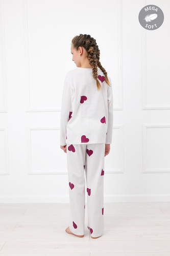 Italian Fashion Kioga Mädchen-Pyjama Mega Soft lang ecru mit Herzen