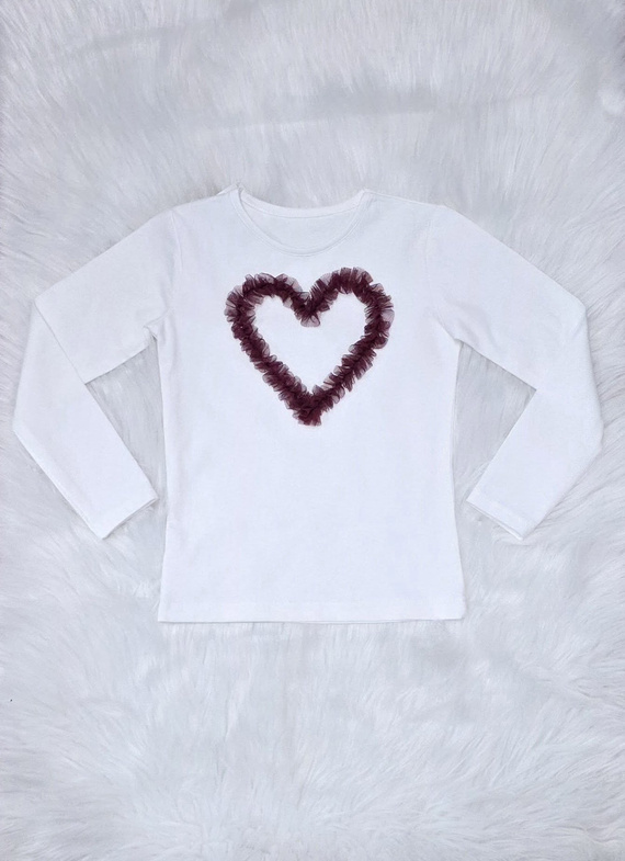 Mia Bambarillo ecru-burgunderrote Mädchenbluse mit Herzchen - Baumwolle mit Tüllherz