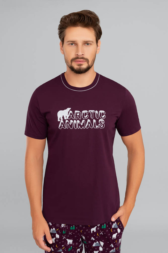 Manfred Herren Schlafanzug mit kurzen Ärmeln, lange Hose Italienische Mode- burgunderrot/print burgunderrot