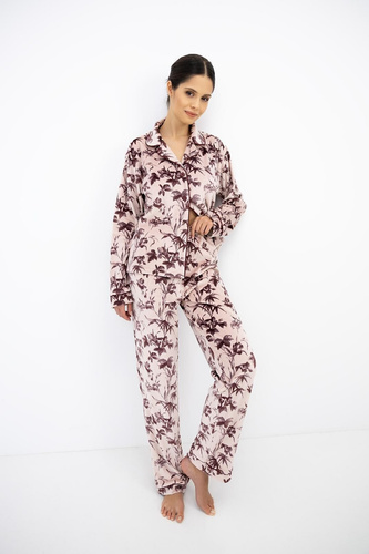 Sensis Thalia Damen Velours-Pyjama mit Knöpfen, lang, rosa