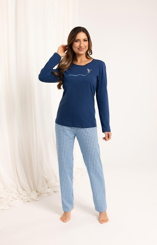 714 Regina Damen-Pyjama, Marineblau – Baumwolle, lange Ärmel, karierte Hose