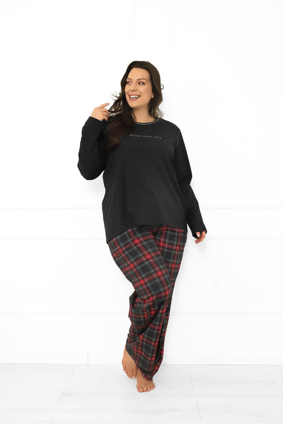 Italian Fashion Damen Schlafanzug dunkel melange-baumwolle, langarm und Hose, kariert 