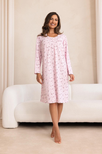 Nachthemd Regina 020 Damen 100% Baumwolle Langarm mit Knöpfen - rosa