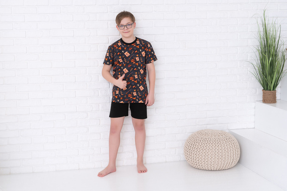 Western Jungen Schlafanzug kurzarm, Hose Italian Fashion- graphit/schwarz