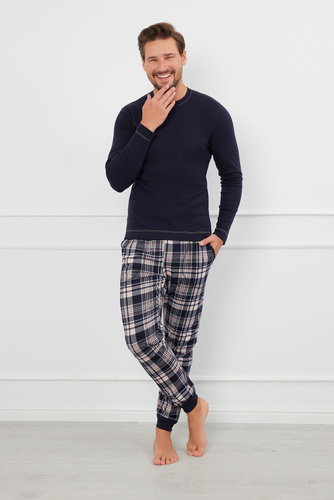 Brit Pajamas Herren Schlafanzug langarm, lange Hose Italienische Mode - marineblau/print 