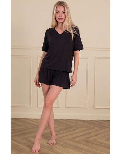 Luna 1313 Damen-Schlafanzug schwarz 100% Baumwolle T-Shirt und kurze Hose
