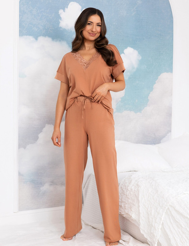 Damen-Pyjama Regina 4008 100% Baumwolle Spitze Satin Lange Hose - Toffie