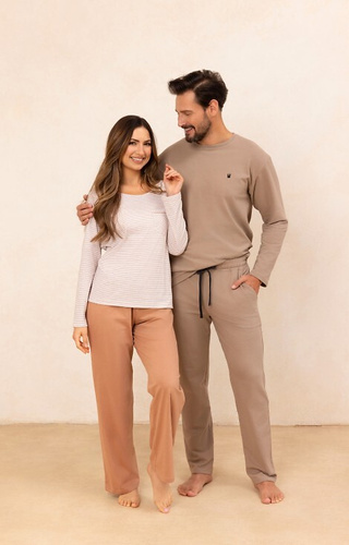 Beigefarbener Damenpyjama 715 Regina – gestreiftes Baumwoll-T-Shirt mit Tasche