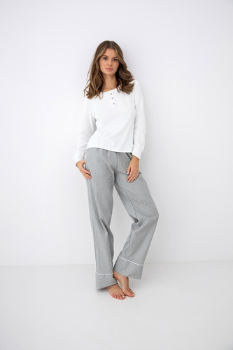 Sensis Salma Damen-Pyjama ecru-grau mit langem Arm und gestreiften Hosen