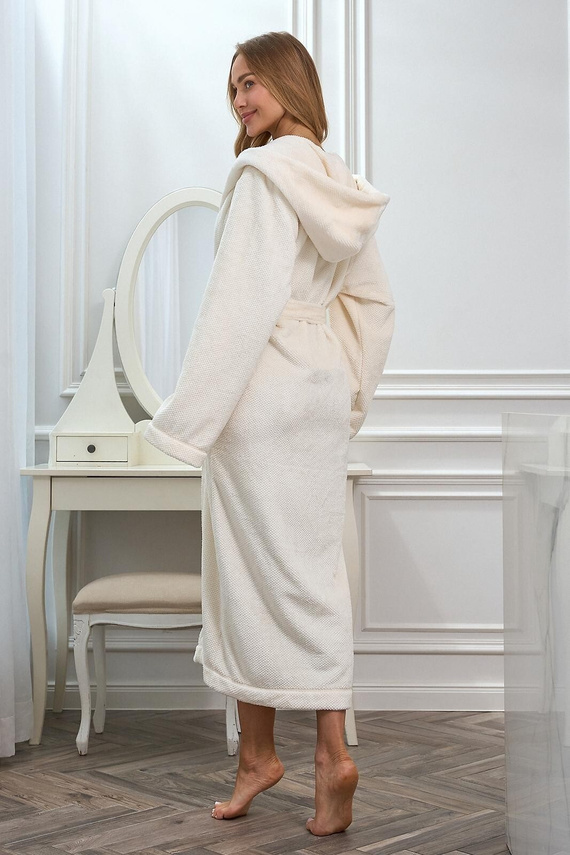 L&L 2602 Honey Damen langer Bademantel mit Kapuze, weich, zum Binden, ecru
